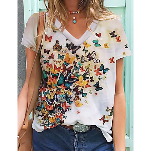 

Women's T shirt Butterfly Animal Print V Neck Tops White