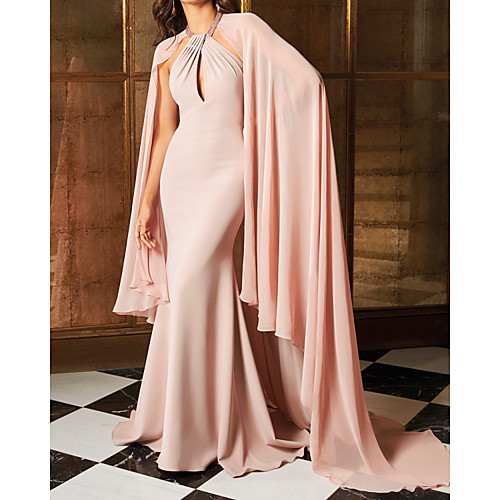 

Mermaid / Trumpet Beautiful Back Elegant Engagement Formal Evening Dress Halter Neck Sleeveless Sweep / Brush Train Chiffon with Sleek 2021