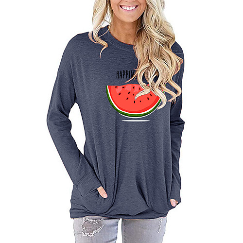 

Women's T shirt Graphic Text Fruit Long Sleeve Print Round Neck Basic Tops Black Blushing Pink Green
