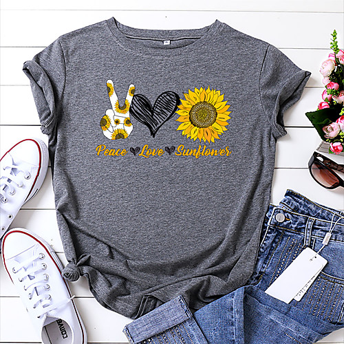 

Women's T shirt Floral Graphic Text Print Round Neck Basic Tops 100% Cotton White Yellow Blushing Pink