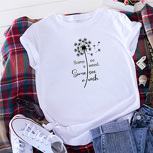 

Women's T shirt Floral Graphic Text Print Round Neck Basic Tops 100% Cotton White Yellow Blushing Pink