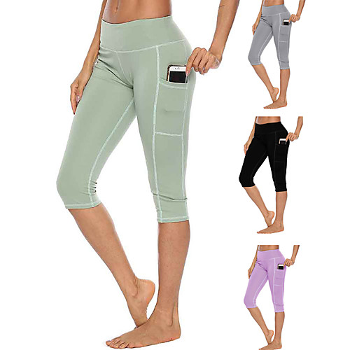 

Women's High Waist Yoga Pants Side Pockets Pocket Tights Capri Leggings Tummy Control Butt Lift 4 Way Stretch Solid Color Light Green Light Purple Gray Fitness Gym Workout Running Summer Sports