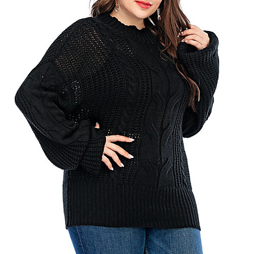 

Women's Solid Colored Pullover Long Sleeve Plus Size Oversized Sweater Cardigans Crew Neck Round Neck Black