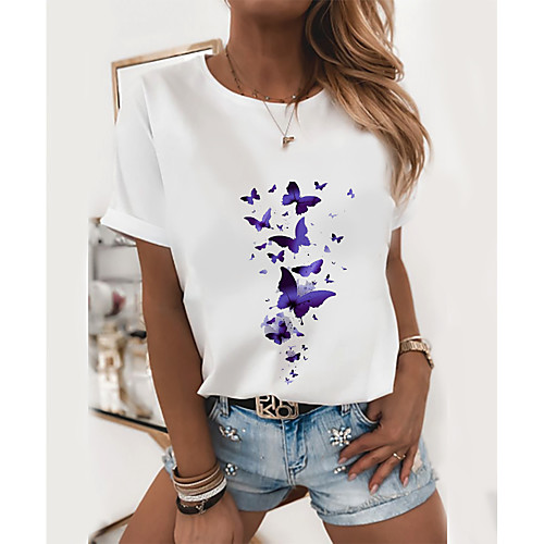 

Women's T shirt Butterfly Graphic Prints Round Neck Tops 100% Cotton White