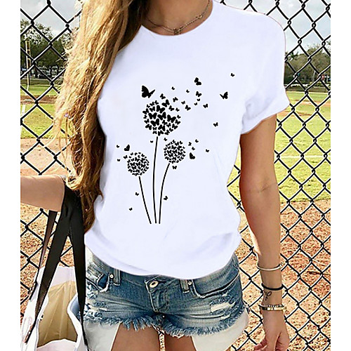 

Women's T shirt Butterfly Heart Graphic Prints Round Neck Tops Slim 100% Cotton White