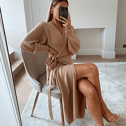 

Women's Sweater Jumper Dress Midi Dress Khaki Long Sleeve Solid Color Fall Winter V Neck Hot Holiday 2021 S M L XL XXL
