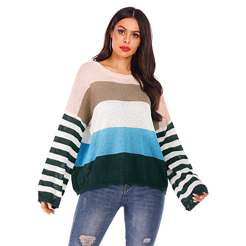 

Women's Basic Knitted Striped Pullover Long Sleeve Sweater Cardigans Crew Neck Round Neck Fall Winter Purple Army Green