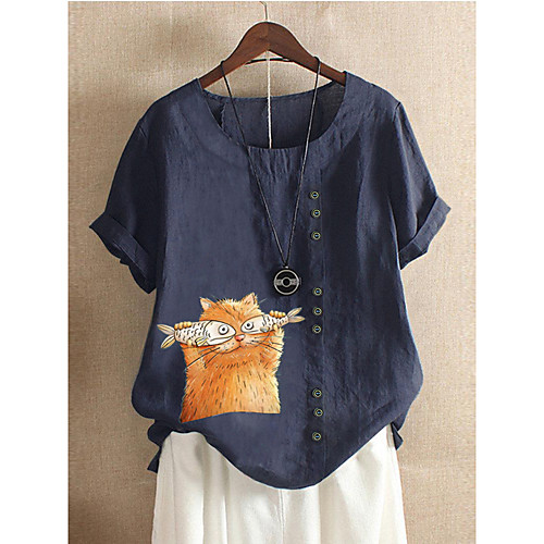 

Women's Blouse Shirt Cat Animal Button Round Neck Basic Tops Cotton White Red Green
