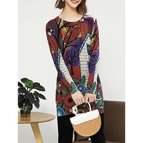 

Women's Stylish Boho Knitted Floral Abstract Dress Sweater Dress Long Sleeve Sweater Cardigans Crew Neck Round Neck Fall