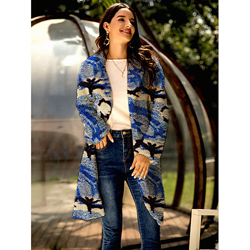 

Women's Coat Daily Fall & Winter Long Coat V Neck Regular Fit Basic Streetwear Jacket Long Sleeve Color Block Patchwork Blue / Going out