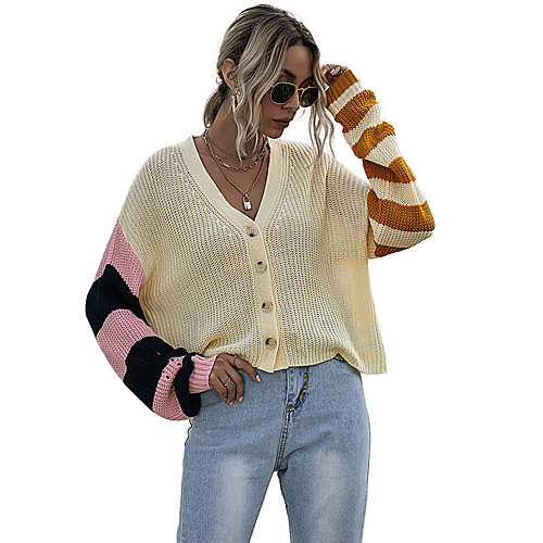 

Women's Basic Button Striped Cardigan Long Sleeve Sweater Cardigans V Neck Fall Spring Beige