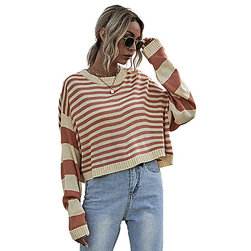 

Women's Basic Striped Pullover Long Sleeve Sweater Cardigans Crew Neck Round Neck Fall Spring Orange