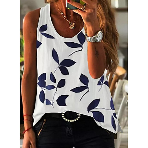 

Women's Going out Blouse Tank Top Vest Leaf Round Neck Basic Tops White