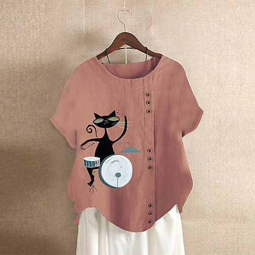 

Women's Blouse Shirt Cat Round Neck Tops Purple Blushing Pink