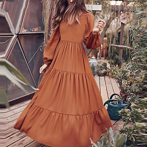 

Women's Swing Dress Maxi long Dress Green Black Brown Long Sleeve Solid Color Patchwork Fall Round Neck Hot Casual Loose 2021 M L XL XXL 3XL 4XL 5XL