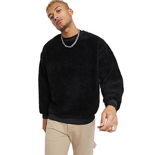 

Men's Pullover Sweatshirt Solid Color Round Neck Daily non-printing Basic Fuzzy Hoodies Sweatshirts Black