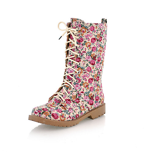 

Women's Boots Cuban Heel Round Toe Mid Calf Boots Sweet Daily Cotton Floral Pink Black / Mid-Calf Boots