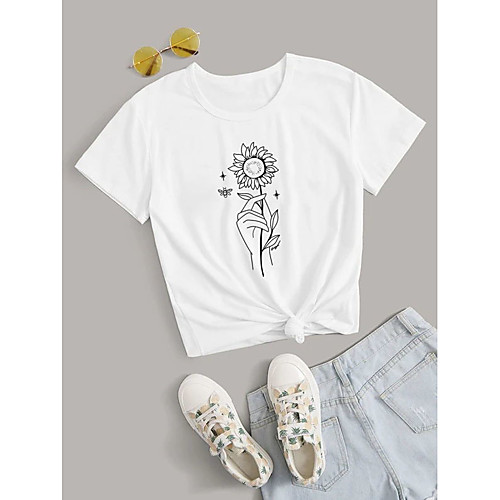 

Women's Shirt Graphic Prints Print Round Neck Basic Tops 100% Cotton White Light gray Navy Blue