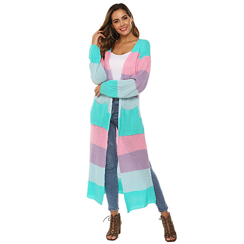

Women's Striped Cardigan Acrylic Fibers Long Sleeve Oversized Sweater Cardigans Deep V Fall Winter Black Blue Orange