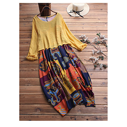 

Women's Swing Dress Maxi long Dress Blue Yellow Fuchsia Half Sleeve Print Print Summer Round Neck Casual Loose 2021 M L XL XXL 3XL 4XL 5XL / Cotton / Cotton