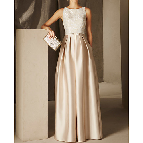 

A-Line Empire Elegant Wedding Guest Formal Evening Dress Jewel Neck Sleeveless Floor Length Satin with Sash / Ribbon Pleats Appliques 2021