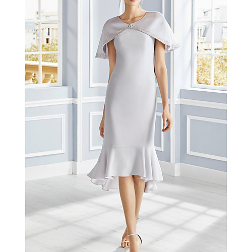 

Two Piece Sheath / Column Mother of the Bride Dress Elegant Jewel Neck Knee Length Stretch Satin Sleeveless with Ruffles 2021