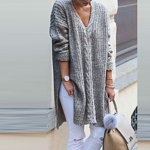 

Women's Basic Knitted Solid Color Plain Pullover Cotton Long Sleeve Sweater Cardigans V Neck Fall Winter Black Gray