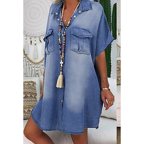 

Women's Denim Shirt Dress Knee Length Dress Blue Dusty Blue Light Blue Short Sleeve Summer V Neck Hot Casual 2021 S M L XL XXL 3XL / 100% Cotton / 100% Cotton