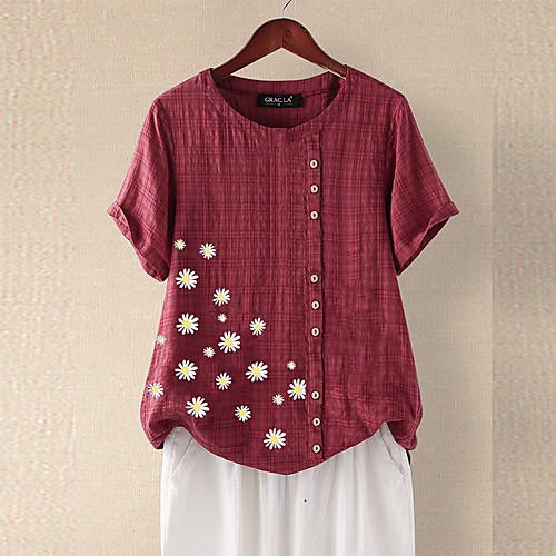 

Women's Blouse Shirt Floral Flower Print Round Neck Basic Tops Cotton Red