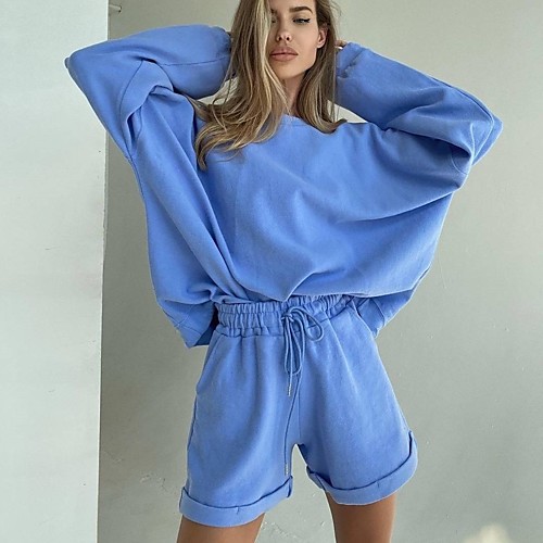 

Women's Basic Solid Colored Two Piece Set Sweatshirt Tracksuit Loungewear Shorts Jogger Pants Drawstring Tops