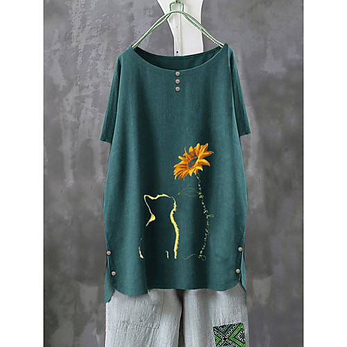 

Women's T shirt Floral Cat Flower Button Round Neck Basic Tops Loose Fuchsia Green Navy Blue / Sunflower