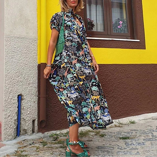 

Women's Swing Dress Midi Dress Rainbow Short Sleeve Floral Fall V Neck Casual Loose 2021 S M L XL XXL