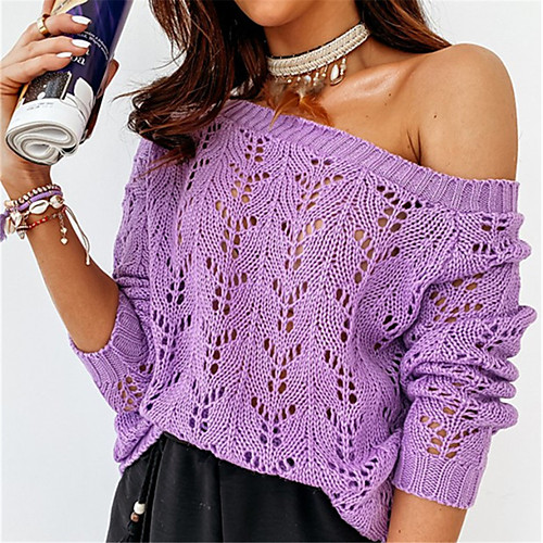 

Women's Basic Hollow Out Knitted Solid Color Plain Pullover Acrylic Fibers Long Sleeve Sweater Cardigans Off Shoulder Fall Winter White Purple Blushing Pink