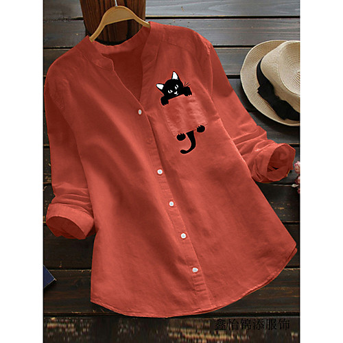 

Women's Blouse Shirt Cat Long Sleeve Print V Neck Basic Tops Cotton White Red Yellow