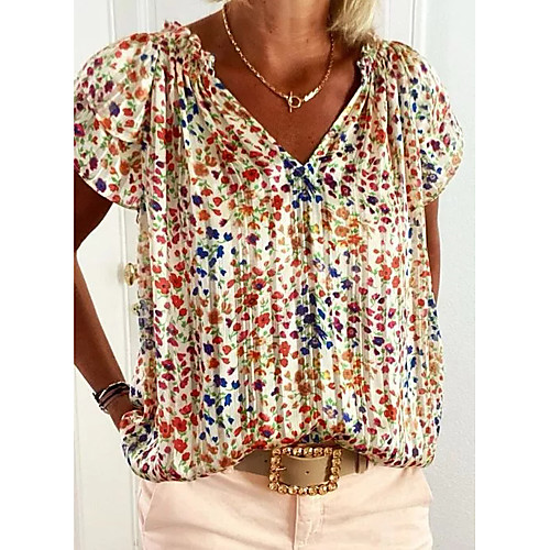 

Women's T shirt Floral Flower V Neck Beach Tops Rainbow