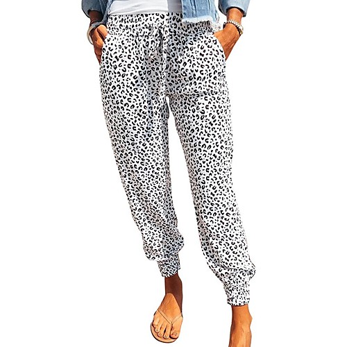 

Women's Basic Comfort Daily Jogger Chinos Pants Leopard Ankle-Length White