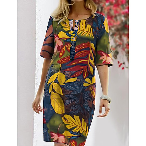 

Women's Shift Dress Knee Length Dress Blue Light Brown Half Sleeve Floral Print Fall Summer Round Neck Hot Vintage Going out 2021 S M L XL XXL 3XL 4XL