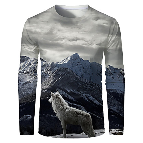

Men's T shirt Shirt Graphic Plus Size Print Long Sleeve Daily Tops Basic Round Neck Gray / Sports