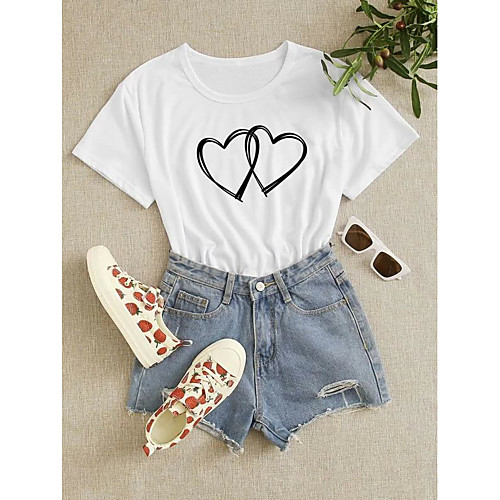 

Women's T shirt Heart Print Round Neck Basic Tops 100% Cotton White Black Red