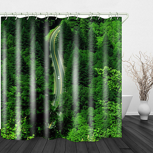 

Forest Curved Road Digital Printing Shower Curtain Green Forest Road Trolley Shower Curtains & Hooks Modern Polyester New Design