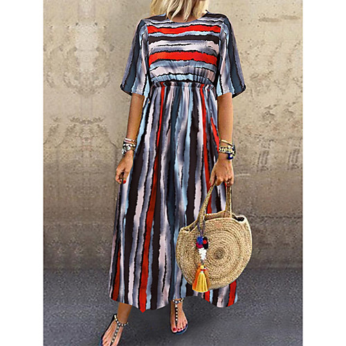 

Women's Shift Dress Maxi long Dress Rainbow Short Sleeve Rainbow Print Summer Round Neck Hot Casual Loose 2021 L XL XXL 3XL 4XL / Plus Size / Plus Size