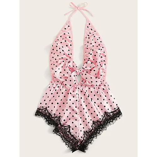 

Women's Lace Bow Super Sexy Bodysuits Nightwear Polka Dot Patchwork Blushing Pink M L XL / Halter Neck / Deep V