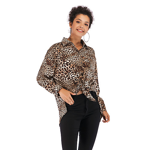 

Women's Blouse Shirt Leopard Cheetah Print Long Sleeve Shirt Collar Basic Tops Black Khaki