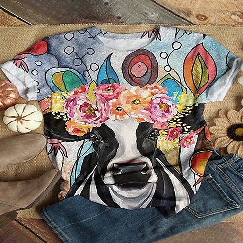 

Women's Going out T shirt Floral Graphic Prints Flower Print Round Neck Basic Tops Loose Cotton Green Light Green Rainbow