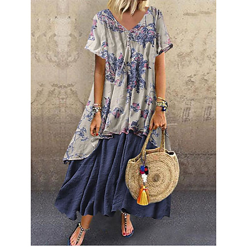

Women's Swing Dress Maxi long Dress Blue Army Green Orange Short Sleeve Print Patchwork Print Summer V Neck Casual Loose 2021 M L XL XXL 3XL 4XL 5XL / Cotton / Cotton