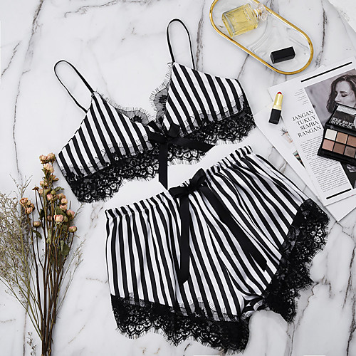 

Women's Suits Pajamas Sets Mesh Lace Bow Striped Patchwork POLY Spandex Casual Strap Top Shorts Deep V Daily Wear Home Buckle / Super Sexy