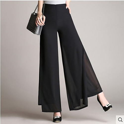 

Women's Basic Comfort Loose Office / Career Daily Culottes Wide Leg Swing Pants Solid Colored Full Length Layered See Through Classic High Waist White Black / Chiffon