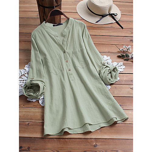 

Women's Blouse Shirt Solid Colored Long Sleeve Button V Neck Basic Tops Cotton Yellow Light Green