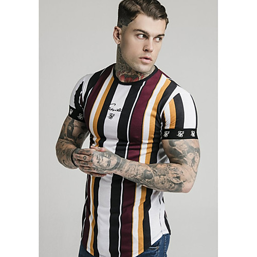 

Men's T shirt Other Prints Striped Letter Short Sleeve Daily Tops Basic Red Yellow Blushing Pink