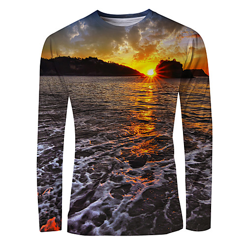 

Men's T shirt Shirt 3D Print Graphic Scenery Long Sleeve Daily Tops Basic Elegant Round Neck Orange